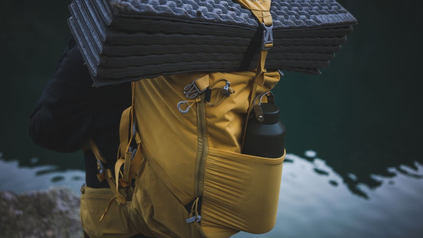 Yellow backpack prepared for an outdoor walk