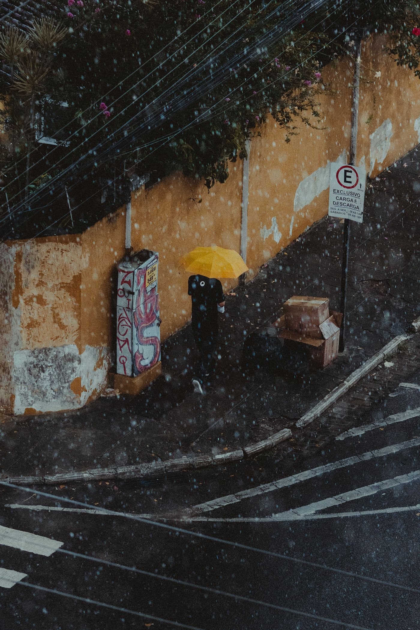 A yellow umbrella in rainy weather